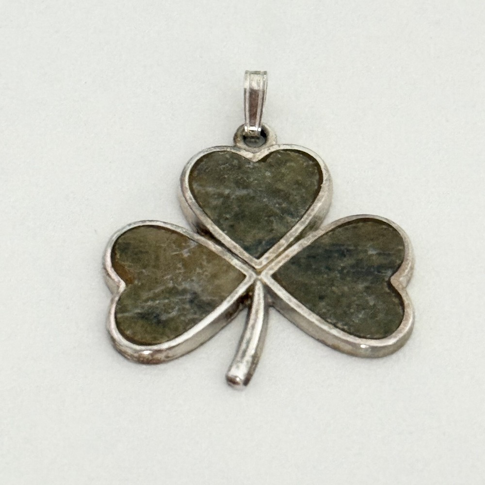 Vintage Sterling Silver Connemara Marble Clover Shamrock Pendant Charm