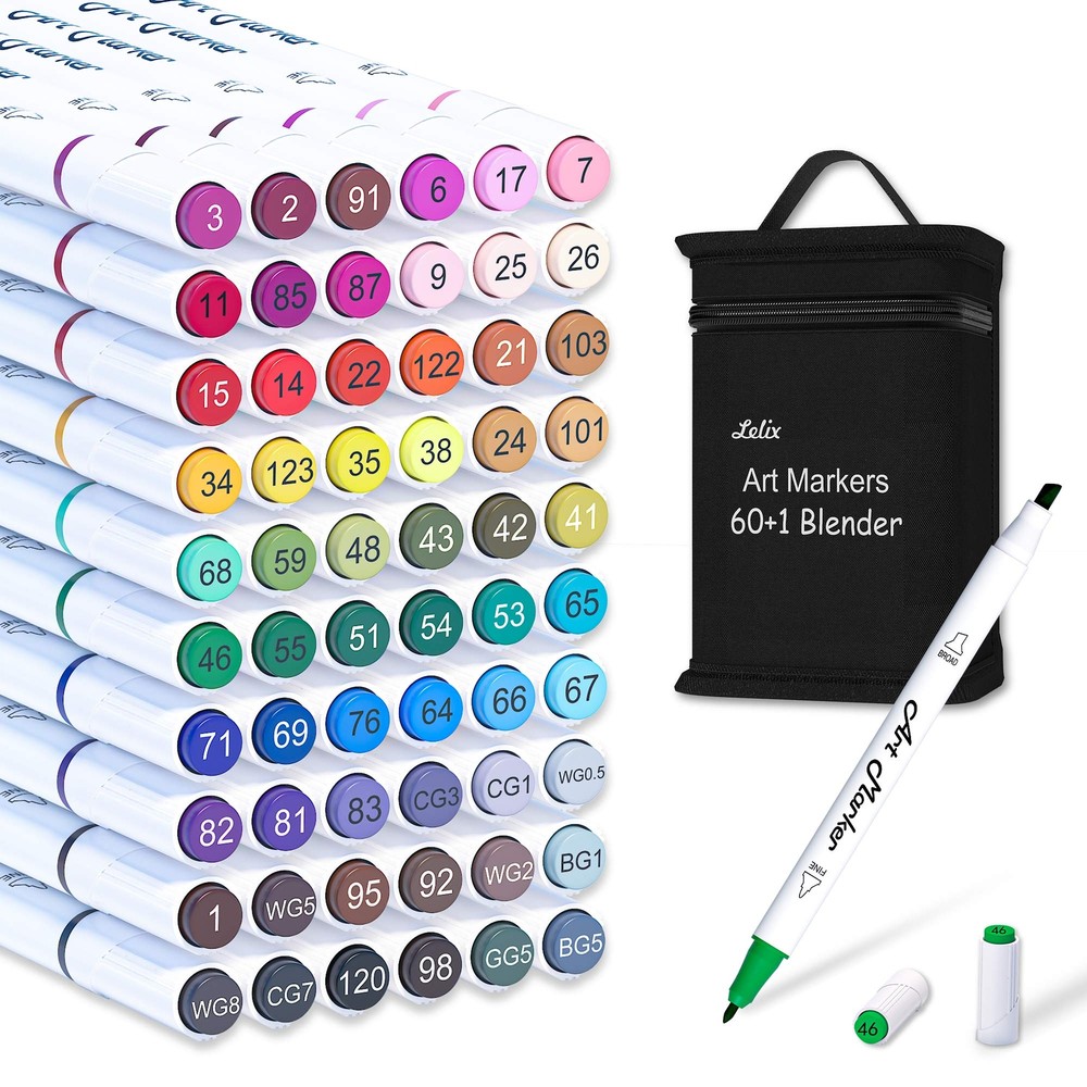 Lelix 61 Colors Alcohol Art Markers, 60 Colors Plus 1 Blender Dual Tip Perman...