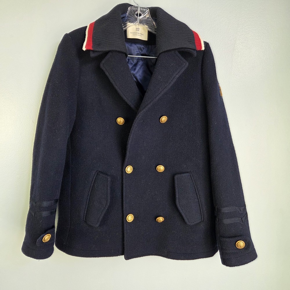 Mens Scotch and Soda Wool Blend Pea Coat Sz 14(Small) Navy Blue Military  Patch