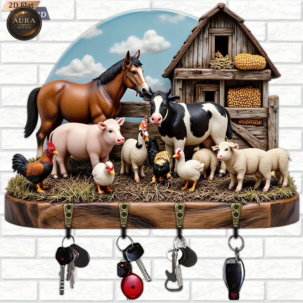 30cm Wall Key Holder – Farm Animal 2D Organizer 4 Hooks Entrance