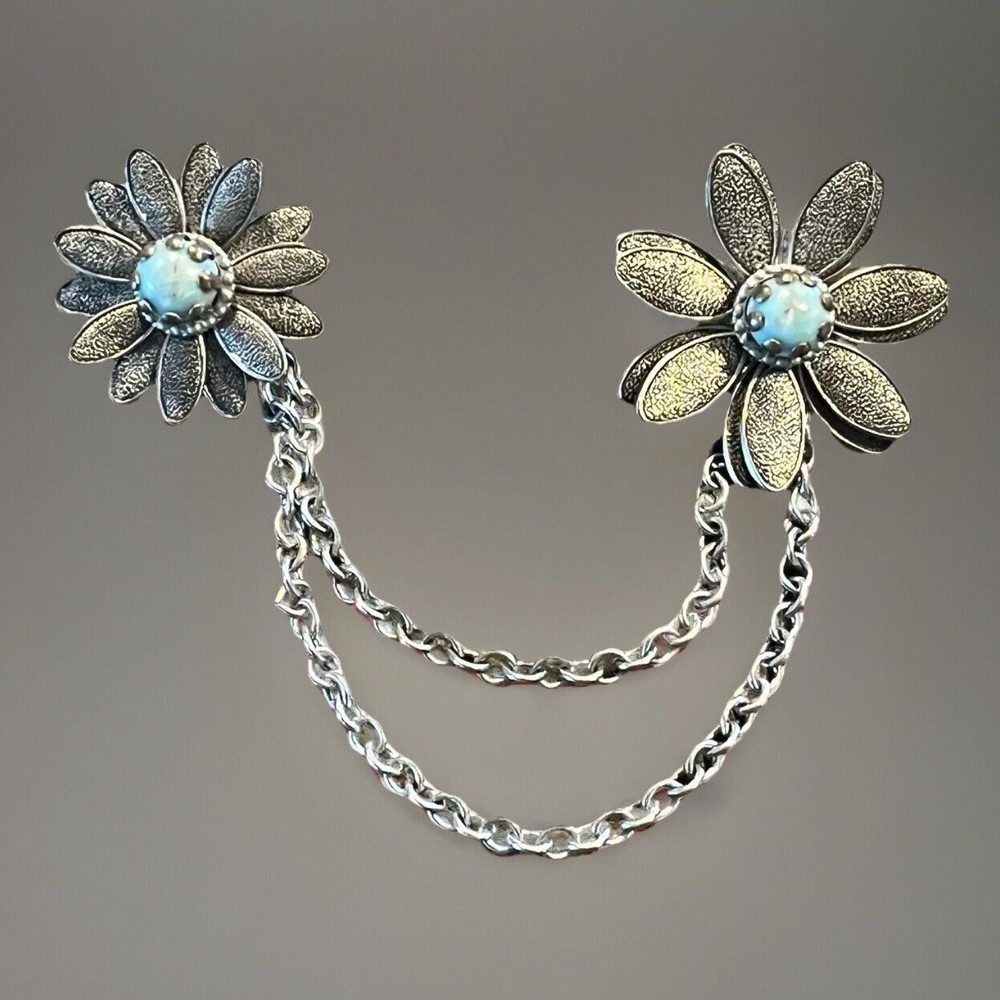 VTG Victorian Revival Silver-tone  Chatelaine Faux Turquoise Pin Brooch Estate