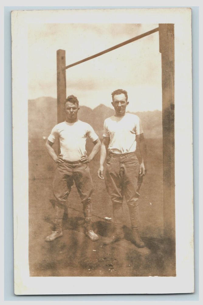 Two Military Men Standing By Pull Up Bar - RPPC Real Photo Vintage