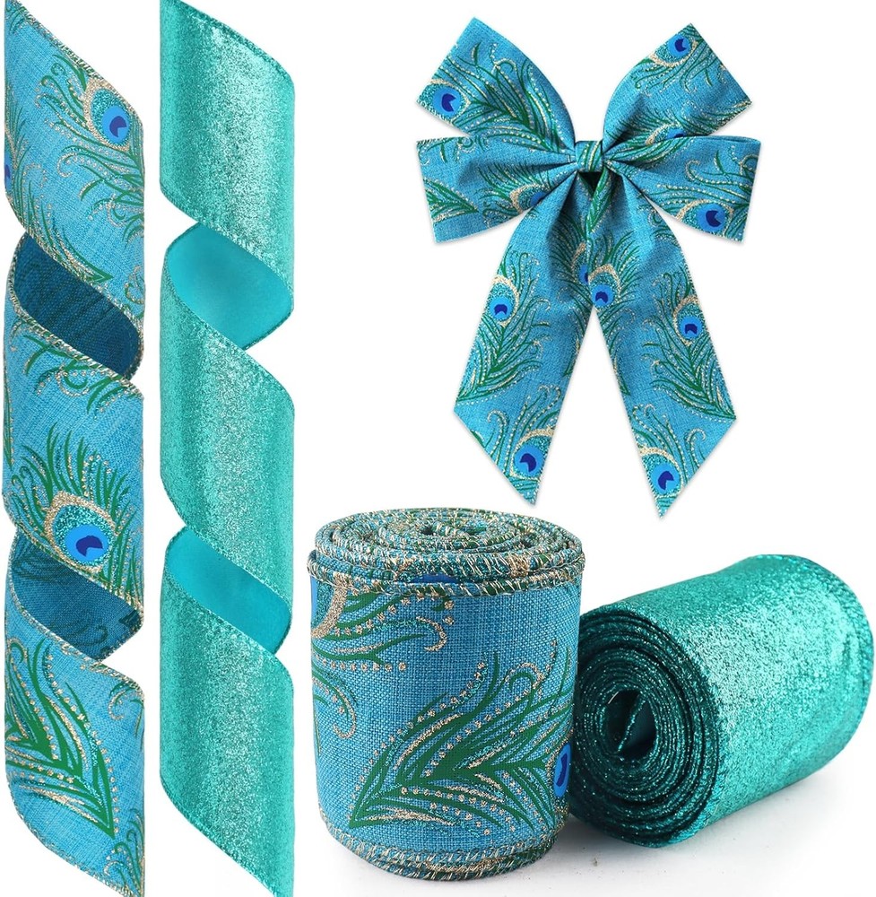 2 Rolls Glitter Blue Peacock Ribbon for Wreath Bows and Gift Wrapping