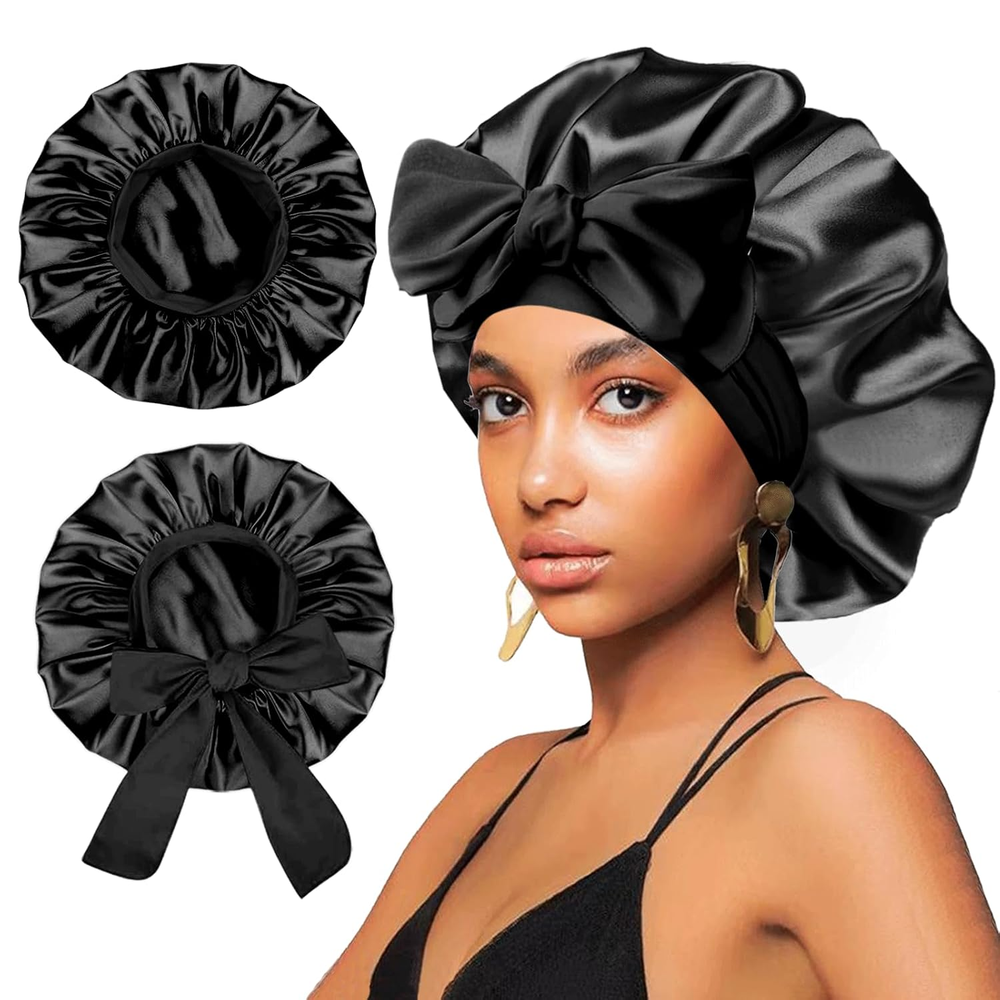 2Pcs Satin Silk Hair Bonnet for Sleeping Large Adjustable Sleep Cap for Curly Ha
