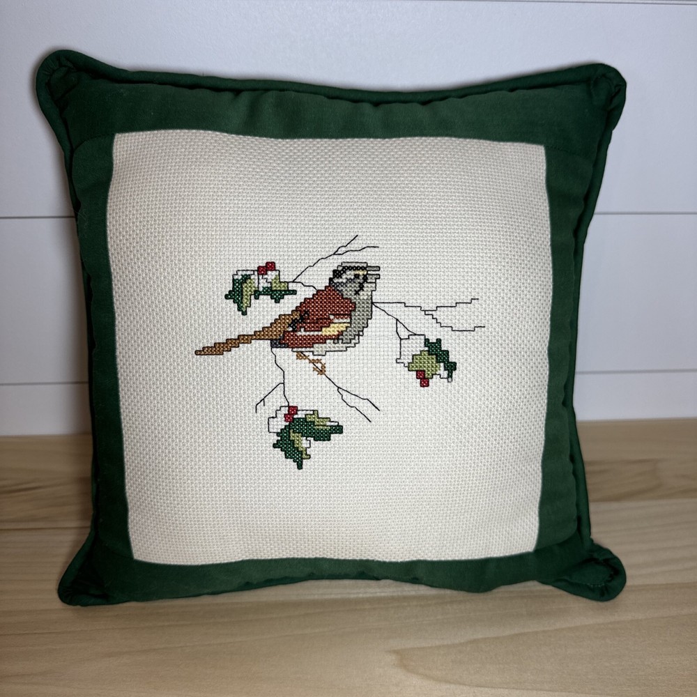 Handmade Cross Stitch Throw Pillow Bird On Branch Holly Berry Cushion 12