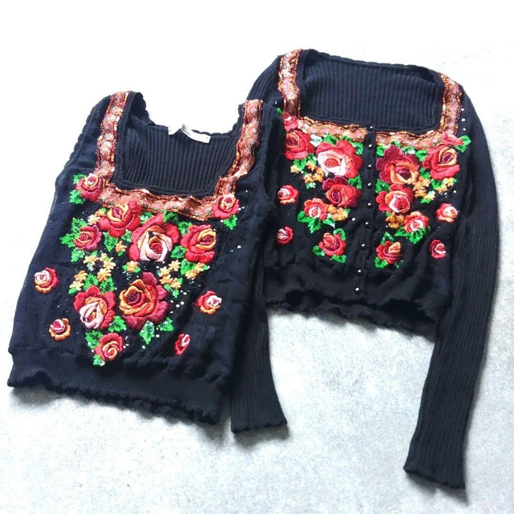 Blumarine Rose Embroidery Ensemble Black Cardigan Set 40