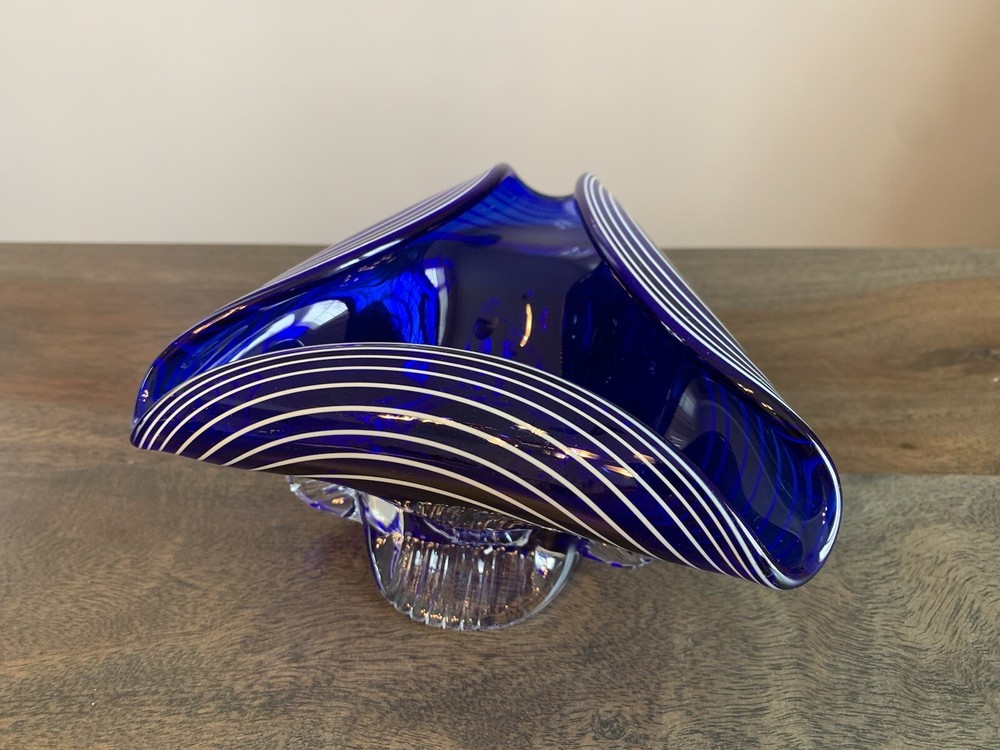 Cobalt Blue Glass Trinket Dish with Vintage Wavy White Lines