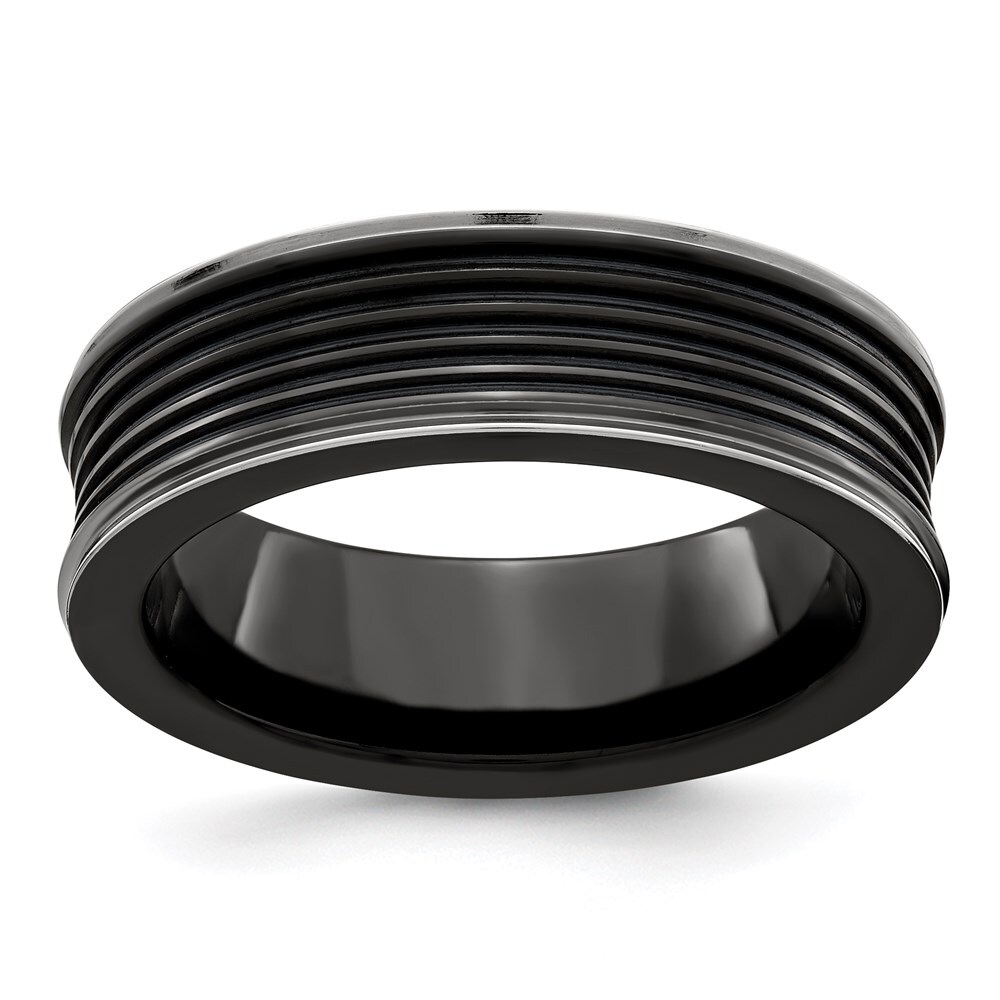Black Titanium Polished Grooved Concave Ring Size 7 for Men 5.7gm
