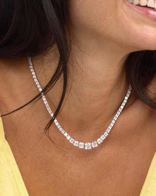 28CT Created Graduated Asscher Cut Diamond Tennis Necklace 14K White Gold Plated