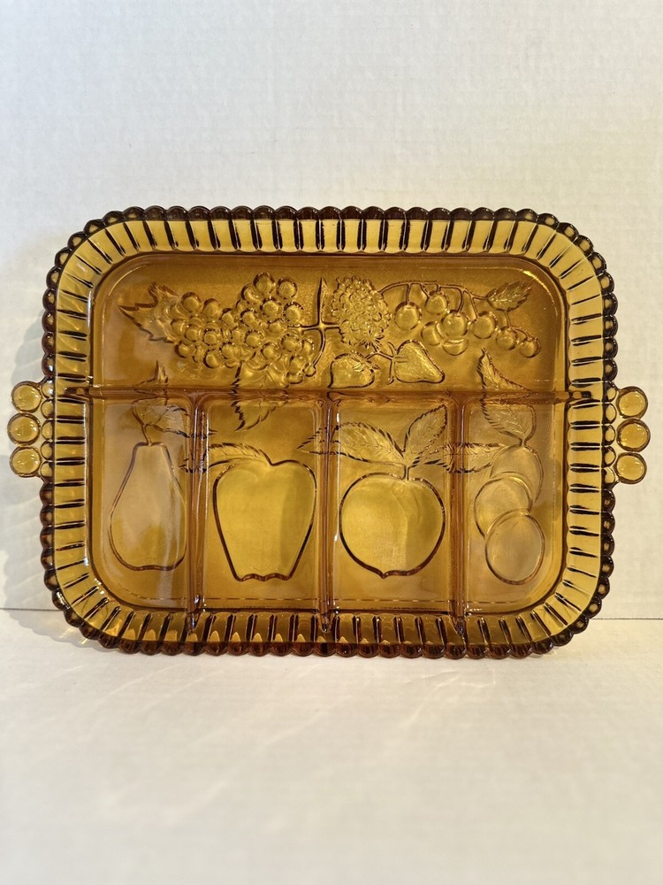 Indiana Glass Amber Divided Part Relish Serving Dish Tray Fruit Design Carnival