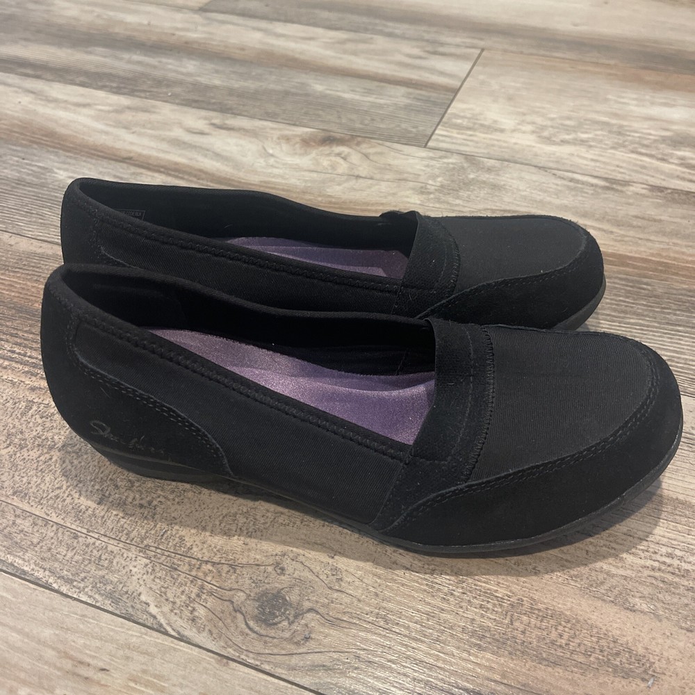 Skechers Black Womens Suede Leather Memory Foam Relaxed Fit Slip On Shoes Size 8