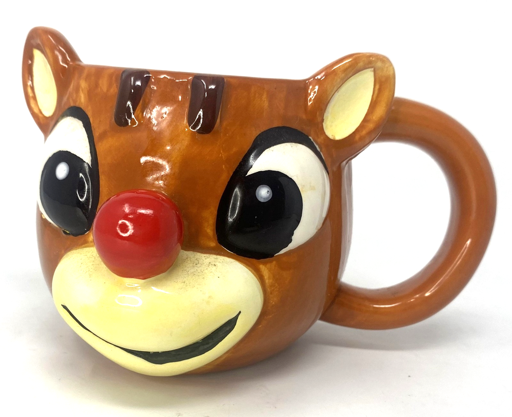 Rudolph Red Nose 3D Face Ceramic Christmas Mug Flix Candy VTG