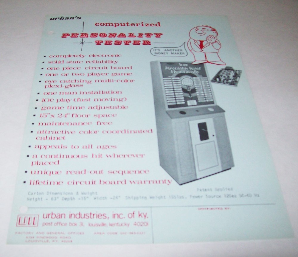 Personality Tester Arcade FLYER Original Vintage Urban Promo Game Artwork Sheet