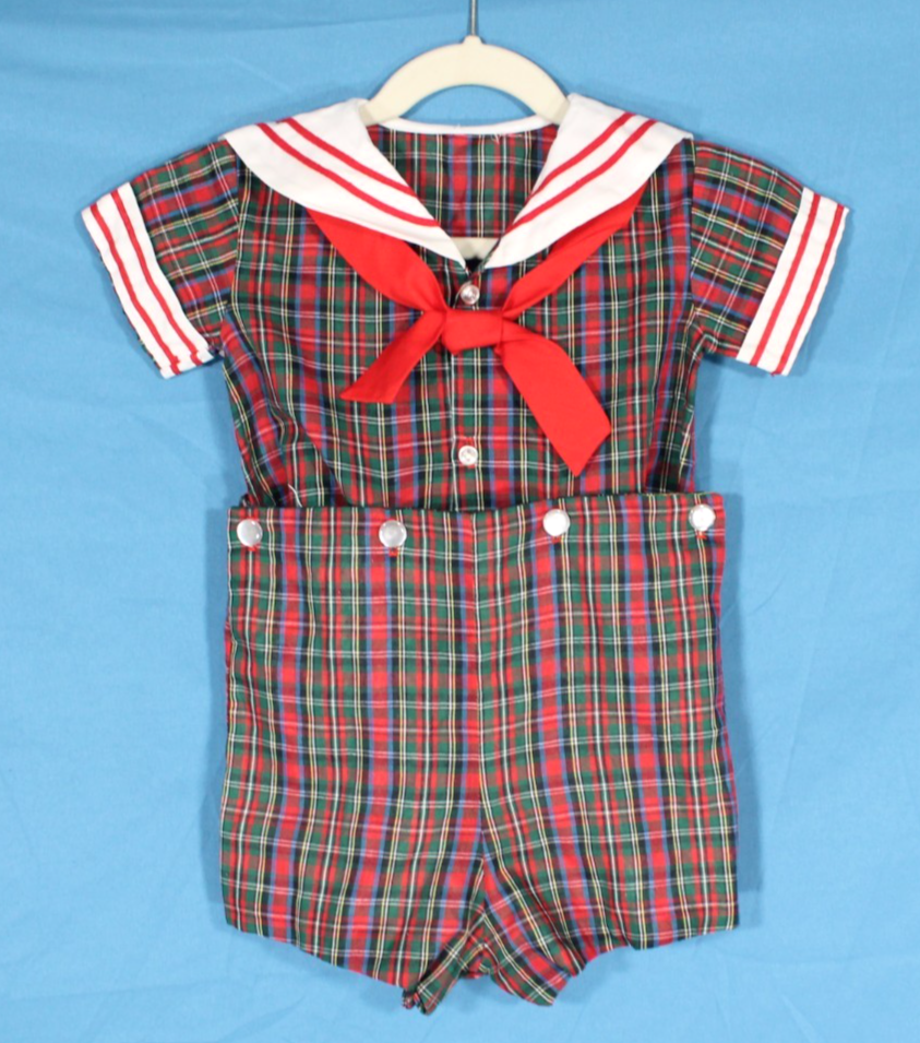 VTG TWILL Red/Green PLAID Sailor Suit NAUTICAL Shirt/Shorts ROMPER OUTFIT 3-6M