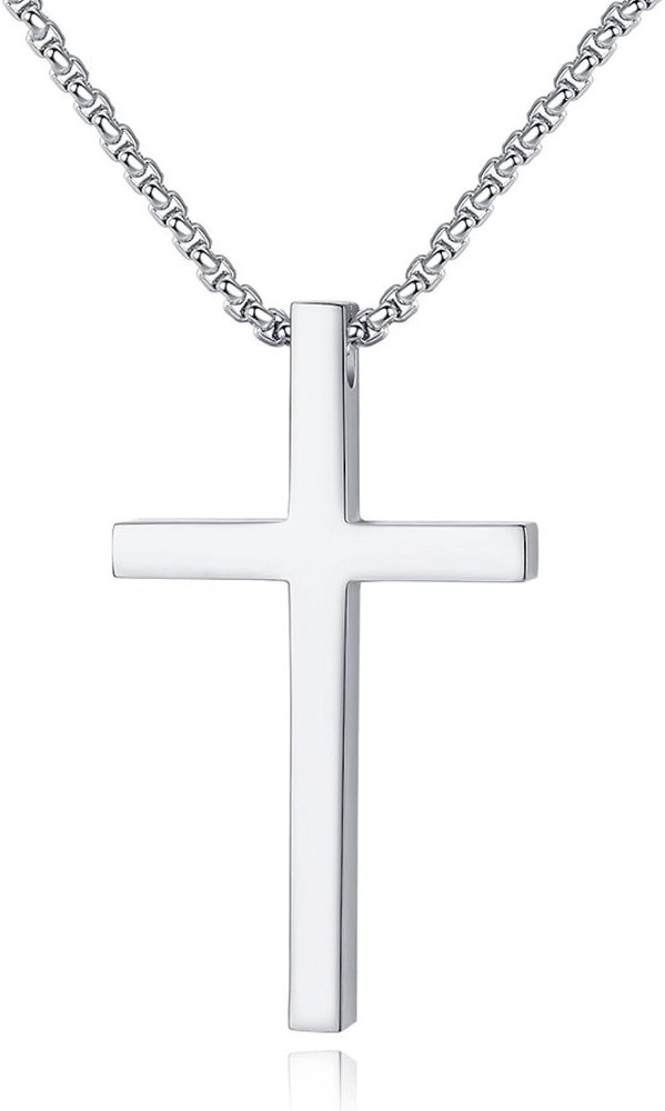 Men Women Plain Cross Necklace Boy Stainless Steel Simple Pendant Box Chain Gift