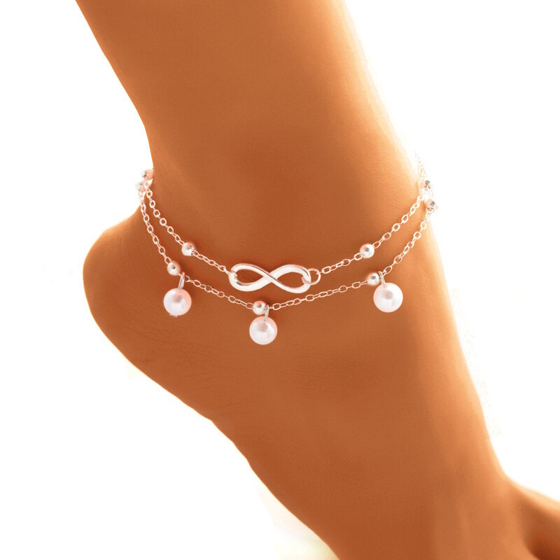 Double Layer Adjustable Infinity Pearl Anklet for Summer Beach Style-image