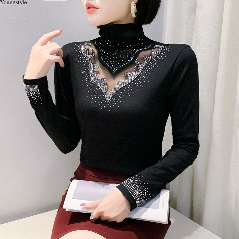 Winter Women High Neck Rhinestone High Neck Pullover Tops Cocktail Party Blouse-