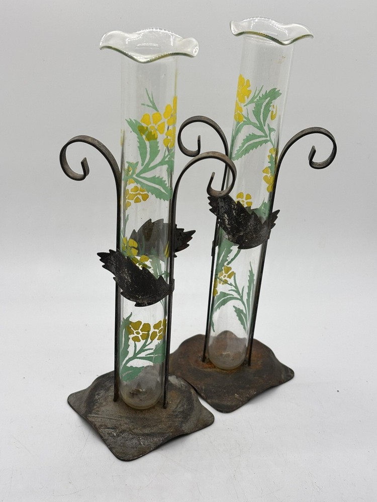 Cottagecore Bud Vase Pair 8” In Metal Stand Hand painted