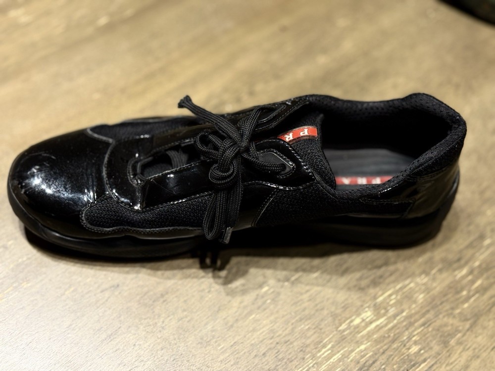 Prada Americas Cup Black Patent Leather Low Top Sneakers Men's Size 11.5