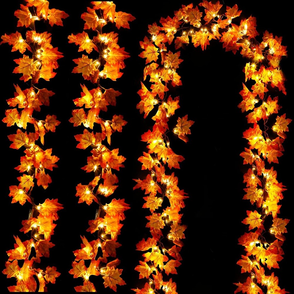 [ Timer & 3 Pack ] 30Ft Fall Garland Thanksgiving Decorations for Home Orange