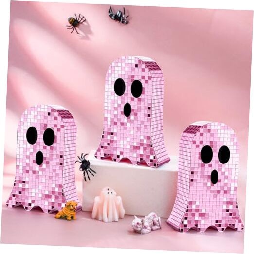 3 Pcs Halloween Disco Ghost Decor 6 Inch Ghost Disco Ball Table Decoration Pink