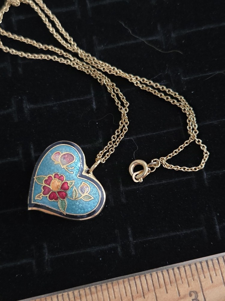 Vintage Cloisonne Enamel Pendant Necklace Puffy Heart Teal Red Flower Butterfly