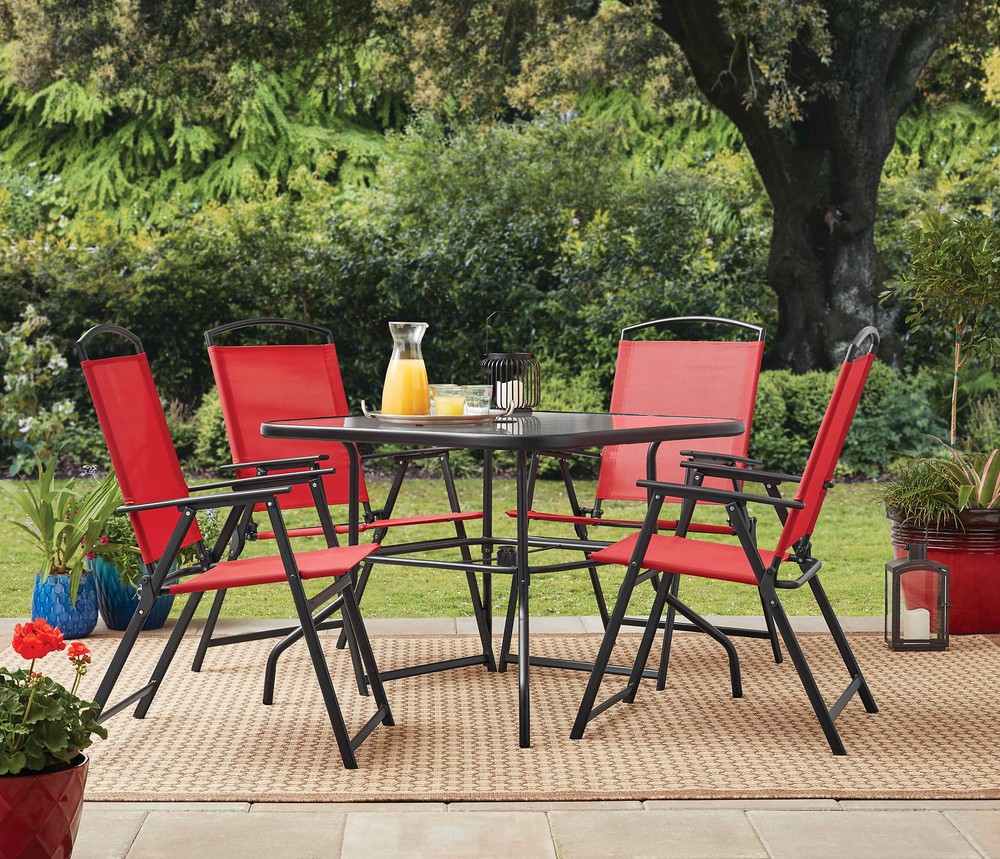 5pc Red Outdoor Patio Dining Set with 4 Folding Chairs & Table