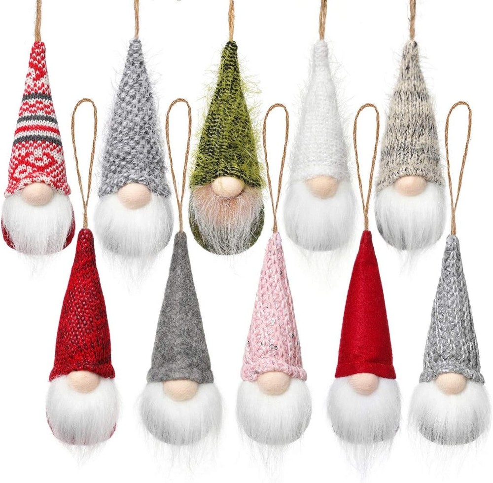 Set of 10 Christmas Tree Hanging Gnomes Ornaments Swedish Handmade Plush Santa