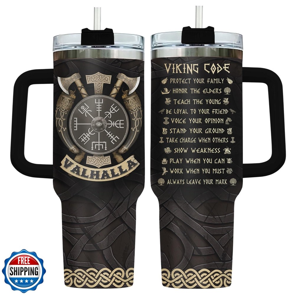 40oz Viking Valhalla Tumbler with Handle and Straw - Perfect Norse Gift for Men