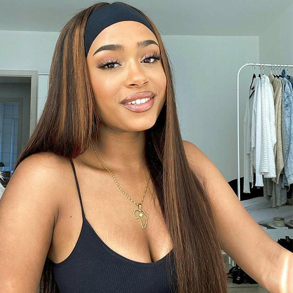 Brown Headband Wigs Long Straight Human Hair Highlight Glueless Wig No Lace Soft