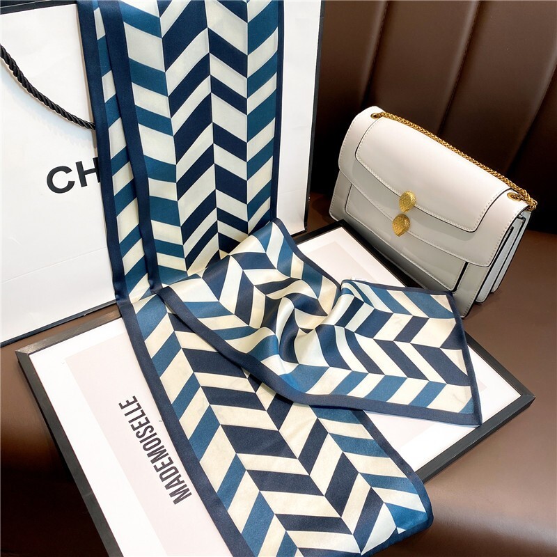 Double-Sided 100% Mulberry Silk Scarf Blue Geometric Headscarf 150x15cm Women