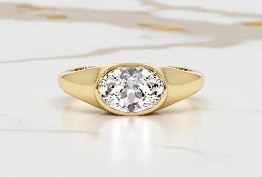 1.0CTW IGI Certified Lab Grown Oval Diamond Ring, 14K Gold Bezel Set East West