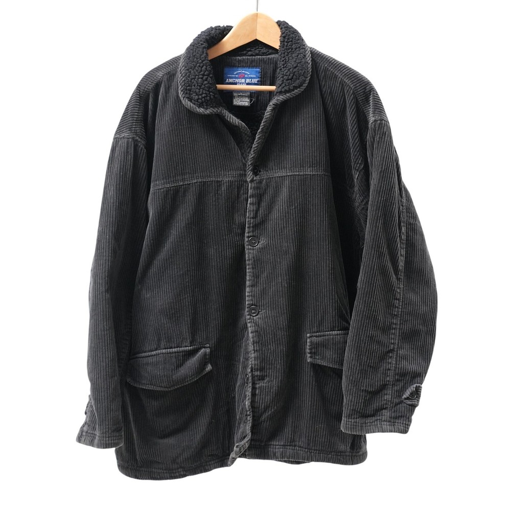 Vintage Anchor Blue Black Corduroy Jacket Mens Large Button Up Sherpa Collared