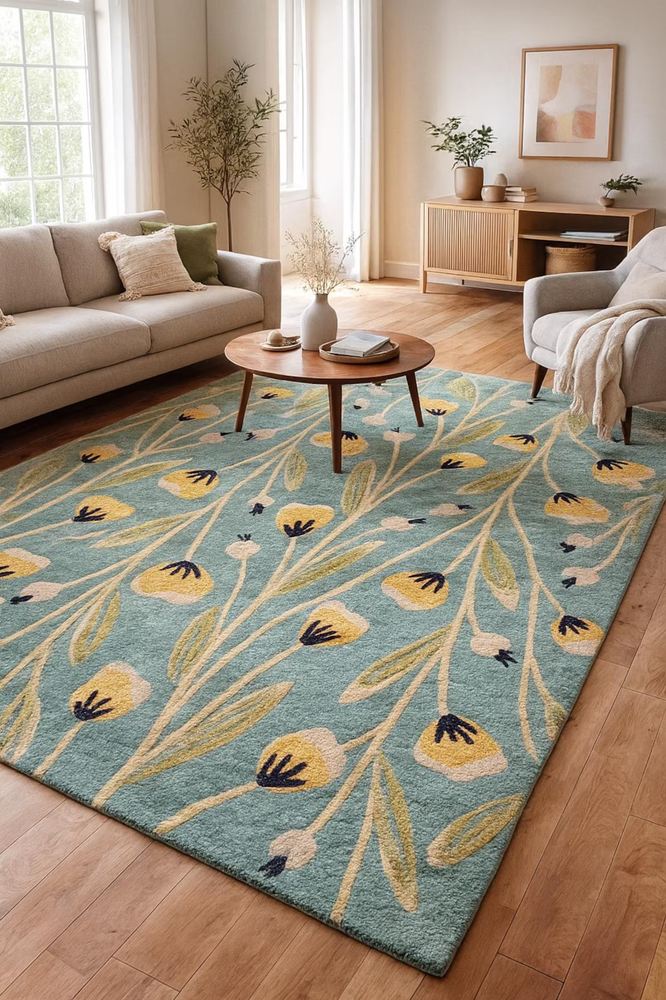 Hand-Tufted Floral Rug | Teal Botanical Area Rug | Modern Tufted Carpet