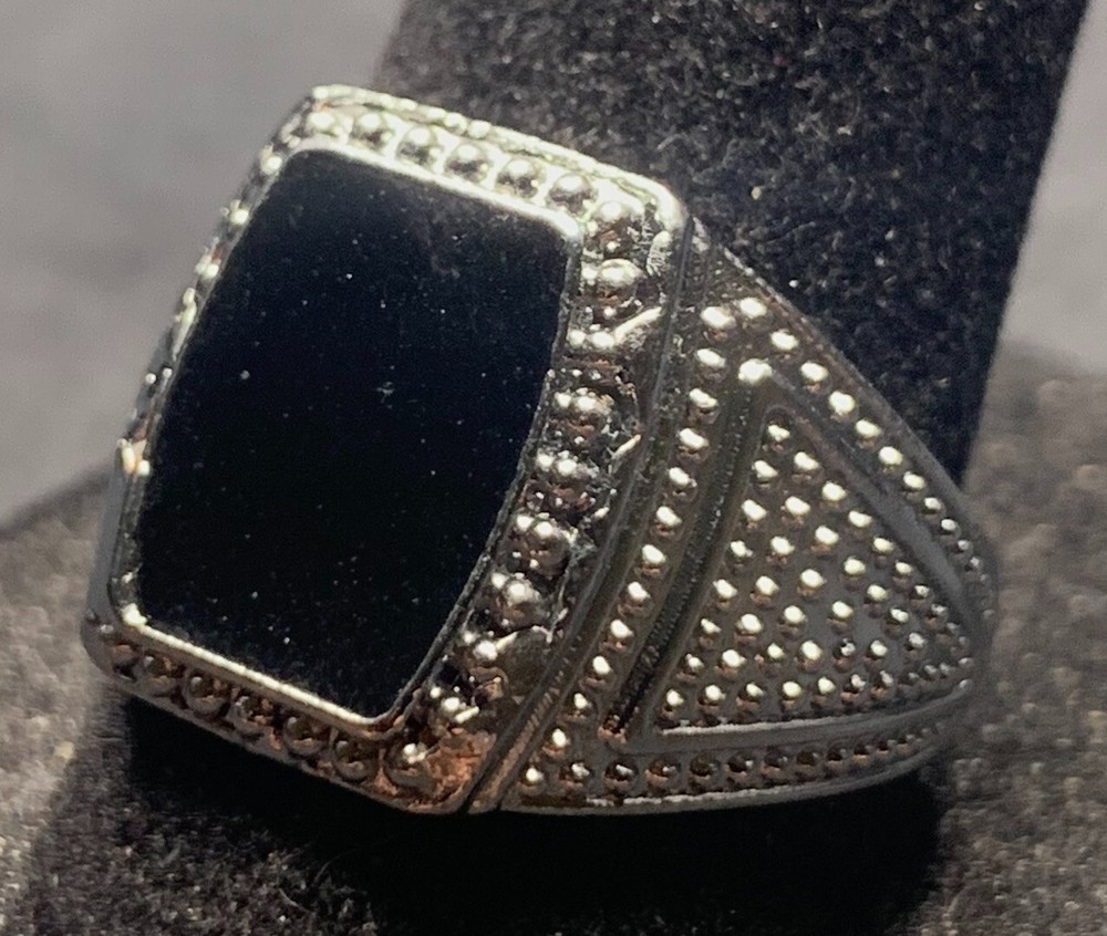 Vintage Antique Silver Tone Black Rhinestone Ring - Size 8