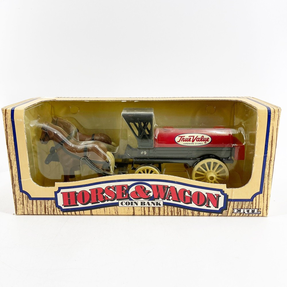 Vintage 1990 Ertl Diecast True Value Horse & Wagon Coin Bank Sealed in Box