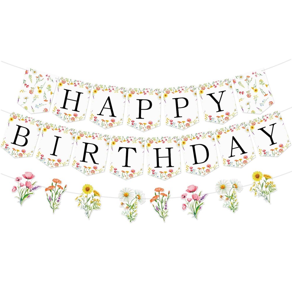 Flower Happy Birthday Banner Wildflower Happy Birthday Sign Party Decorations...
