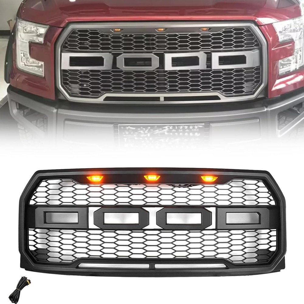 Front Upper Honeycomb Grill for 2015-2017 Ford F-150 W/ LED&Wiring Grey Grille