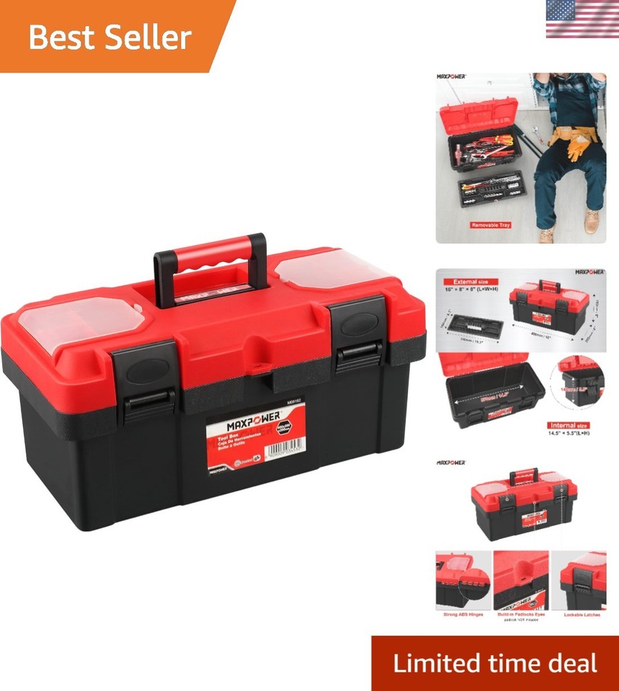 16-Inch Red Lockable Plastic Tool Box with Removable Tray for DIY Projects