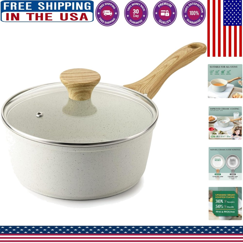 Elegant Nonstick White Ceramic Saucepan with Lid - 1.5 Quart for Healthy Cooking