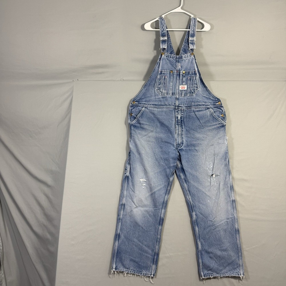 Vintage Round House Brand Light Wash Denim Overalls 44x30 Workwear Coveralls