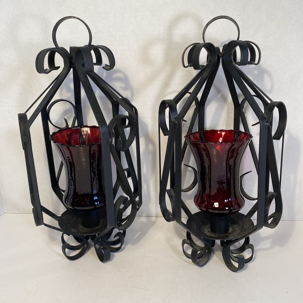 2 VTG Mid Century Black Wrought Iron Spanish Hanging Candle Holder Lantern 13
