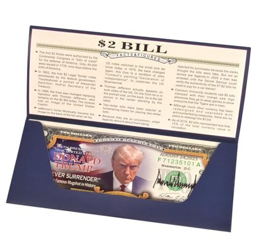 Donald Trump 2 Dollar Bill Trump Never Surrender Colorized Mugshot $2 Green