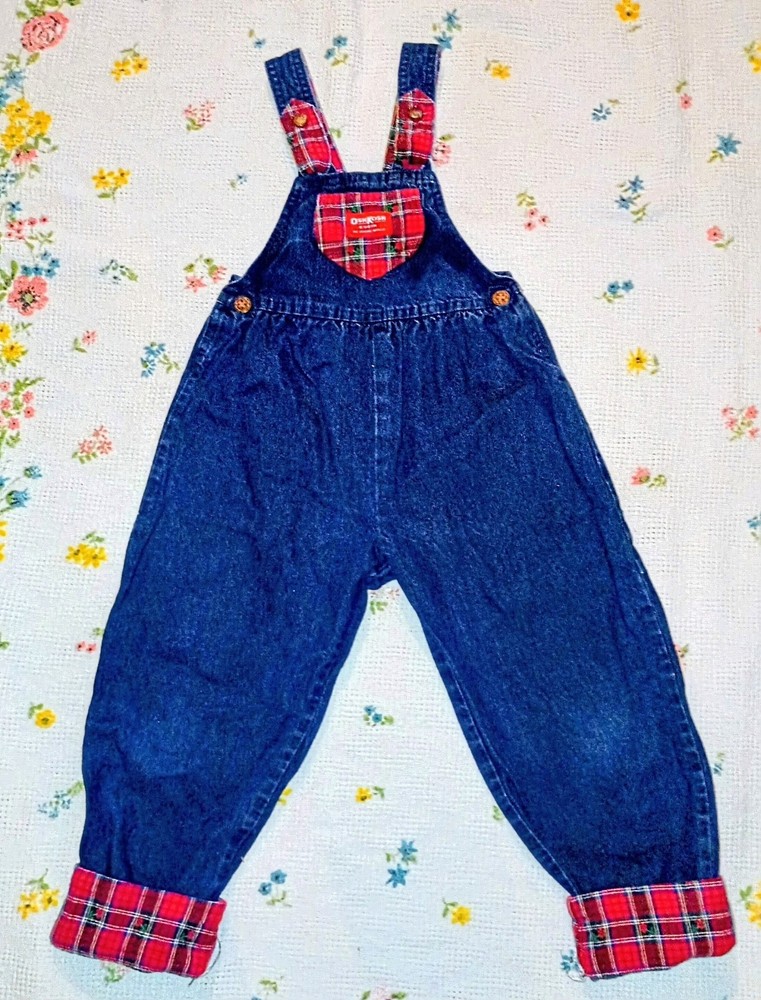 90s Vintage Oshkosh B'Gosh Blue Denim Overalls Girls Sz 6 Bow Red Plaid