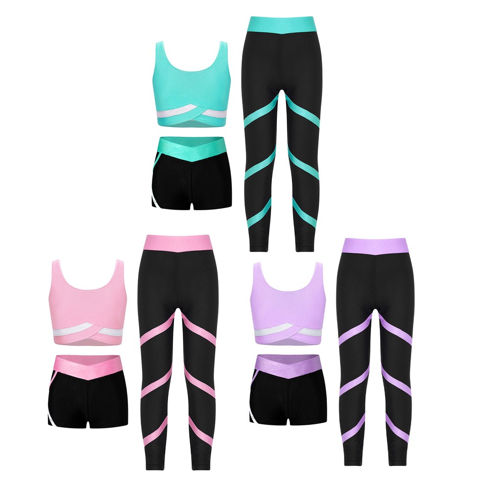 Kids Girls Outfit Contrast Color Suit Elastic Waistband Set Running Pants Yoga