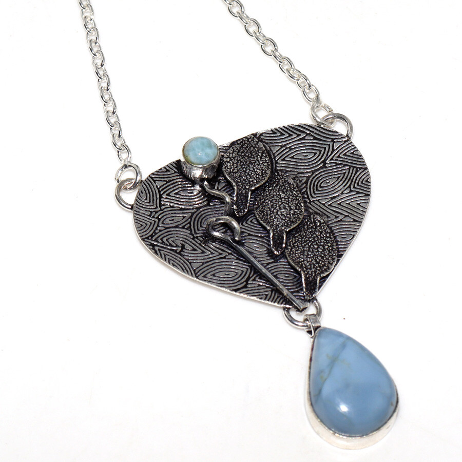 925 Silver Plated Owhyee Blue Opal Larimar Ethnic Necklace Jewelry Size 18