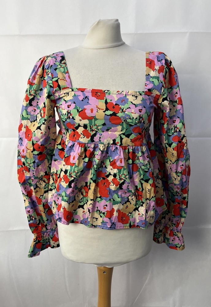Black Floral Cotton Long Sleeve Open Back Blouse Size M