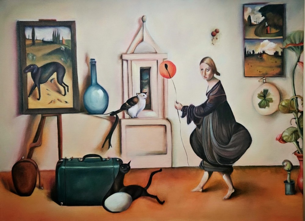 ORIGINAL Oil Painting Surreal Dancing Girl Cat Dog Owl Framed Vtg Style Pop Art