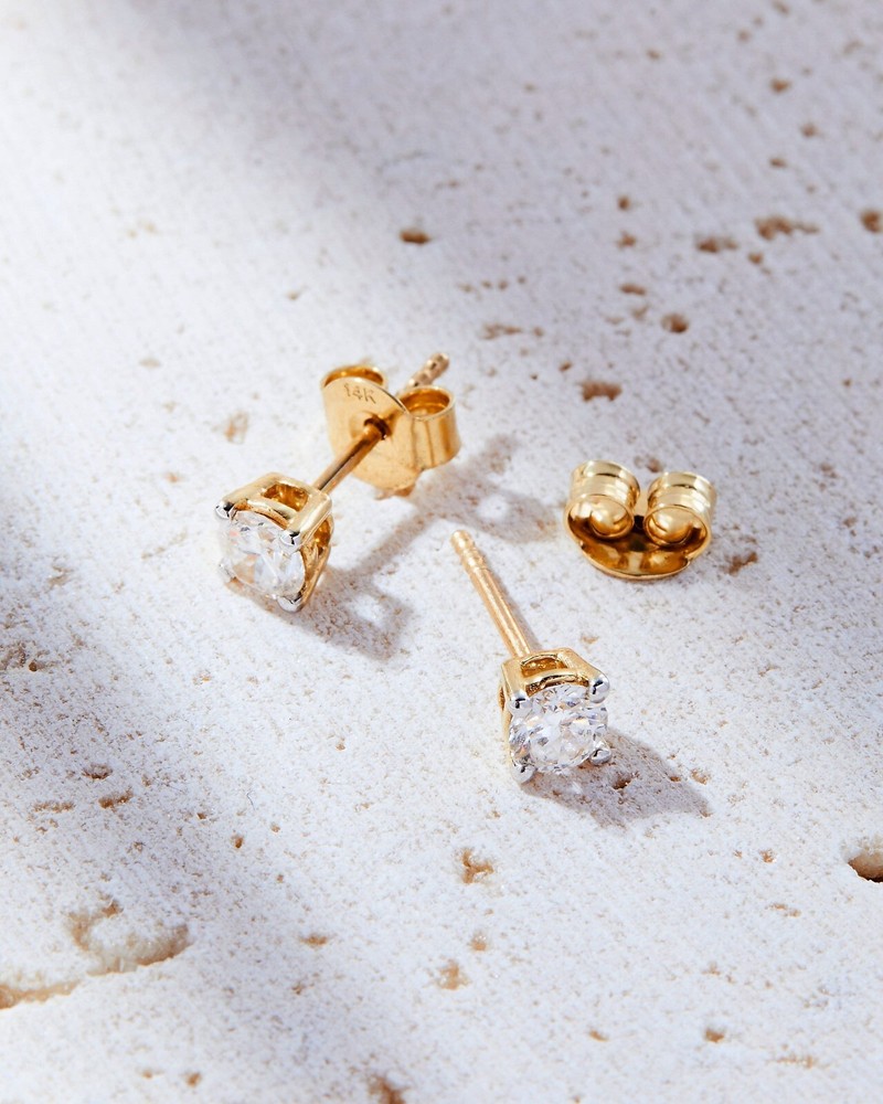 14K Yellow Gold Solitaire Stud Earrings with 0.5ct Round Lab Diamonds