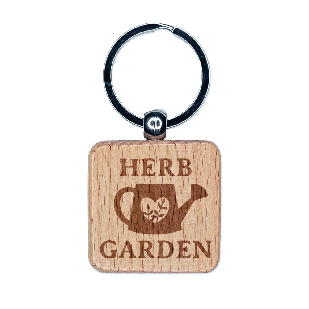 Herb Garden Watering Can Engraved Wood Square Keychain Tag Charm